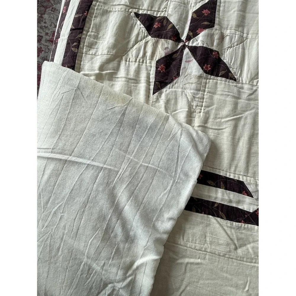 Handmade Patchwork Quilt 100x88 Burgundy Cream Floral Pinwheel Cottage Queen